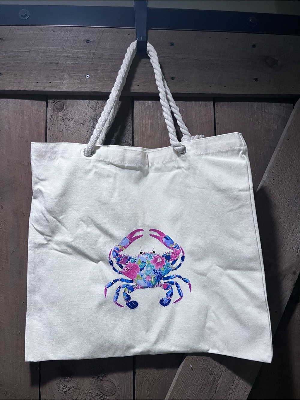 Canvas Tote Bag with Colorful Crab Print - White